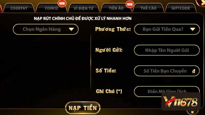 Cách nạp tiền VN678 qua chuyển khoản