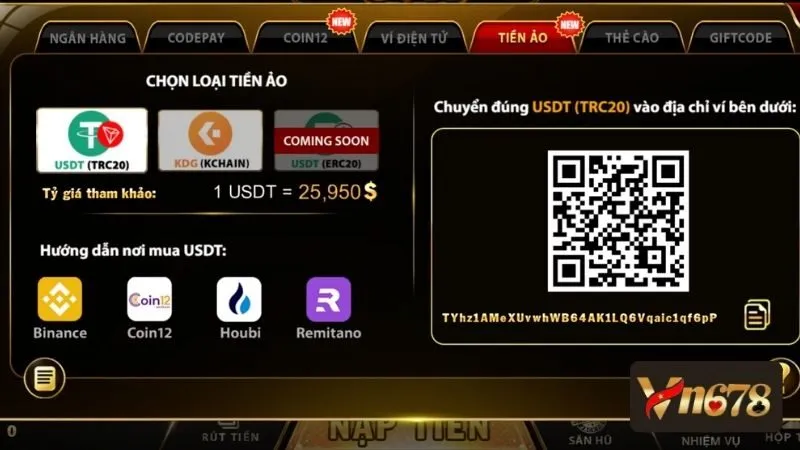 Cách thực hiện nạp tiền VN678 thông qua hệ thống crypto