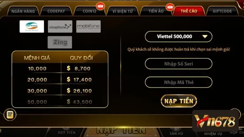 Cách nạp tiền VN678 thông qua thẻ cào đúng cách
