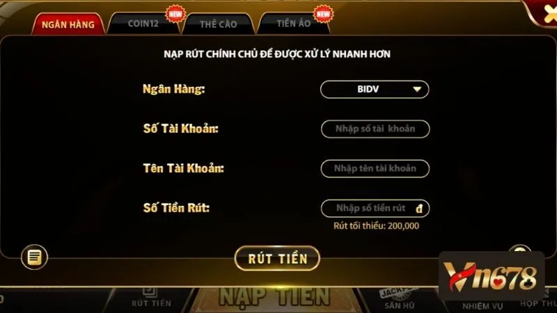 Cách rút tiền VN678 thông qua chuyển khoản ngân hàng nội địa